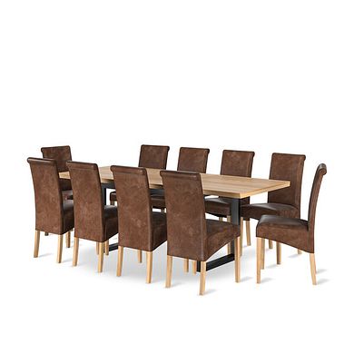 Maine Natural Oak & Metal Extending Dining Table with 10 Scroll Back Chairs in Vintage Brown Leather Look Fabric