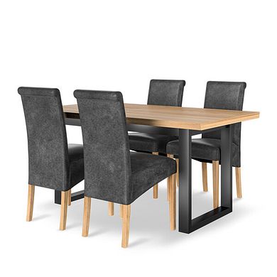 Maine Natural Oak & Metal Extending Dining Table with 4 Scroll Back Chairs in Vintage Black Leather Look Fabric