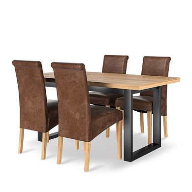 Maine Natural Oak & Metal Extending Dining Table with 4 Scroll Back Chairs in Vintage Brown Leather Look Fabric