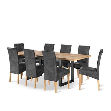 Maine Natural Oak & Metal Extending Dining Table with 8 Scroll Back Chairs in Vintage Black Leather Look Fabric