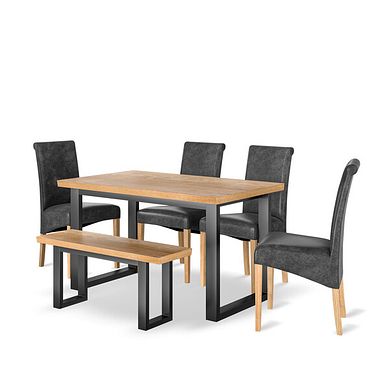 Maine Natural Oak & Metal Fixed Dining Table with 1 Small Maine Bench and 4 Scroll Back Chairs in Vintage Black Leather Look Fabric