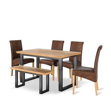 Maine Natural Oak & Metal Fixed Dining Table with 1 Small Maine Bench and 4 Scroll Back Chairs in Vintage Brown Leather Look Fabric
