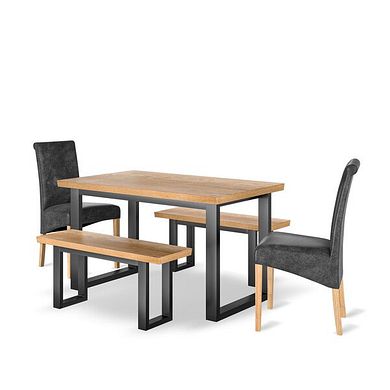 Maine Natural Oak & Metal Fixed Dining Table with 2 Small Maine Bench and 2 Scroll Back Chairs in Vintage Black Leather Look Fabric
