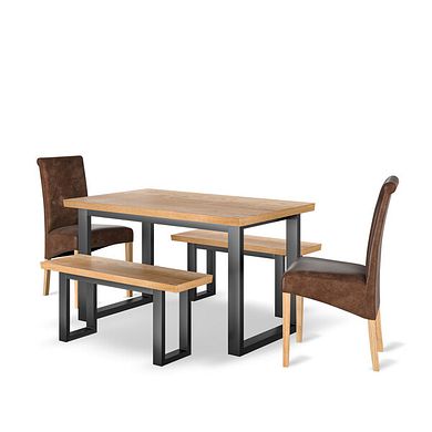 Maine Natural Oak & Metal Fixed Dining Table with 2 Small Maine Benches and 2 Scroll Back Chairs in Vintage Brown Leather Look Fabric