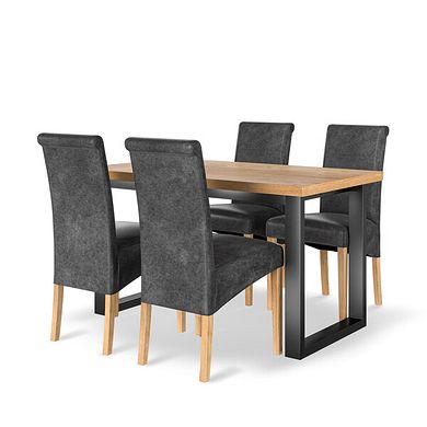 Maine Natural Oak & Metal Fixed Dining Table with 4 Scroll Back Chairs in Vintage Black Leather Look Fabric 