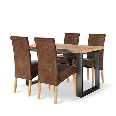 Maine Natural Oak & Metal Fixed Dining Table with 4 Scroll Back Chairs in Vintage Brown Leather Look Fabric