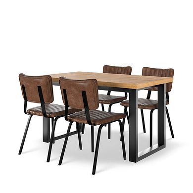 Maine Natural Solid Oak & Metal Fixed Dining Table 130cm + 4 Mason Chair Vintage Brown Leather-Look fabric with Black Legs