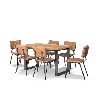 Maine Fixed Dining Table 130cm + 6 Mason Chairs in Vintage Tan Leather-Look fabric with Black Legs