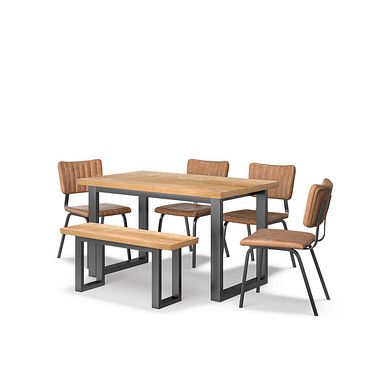 Maine Fixed Dining Table + 1 Maine Bench + 4 Mason Chairs in Vintage Tan Leather-Look 