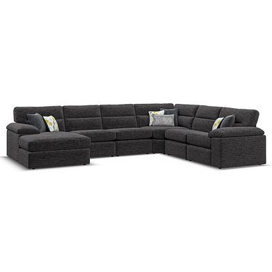 Morgan  Modular 6 Seater Left Hand Corner Sofa with Chaise in Santos Black with Green and Grey Scatters - Group 18