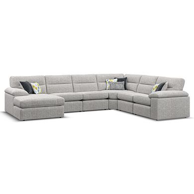 Morgan  Modular 6 Seater Left Hand Corner Sofa with Chaise in Santos Silver with Green and Grey Scatters - Group 18