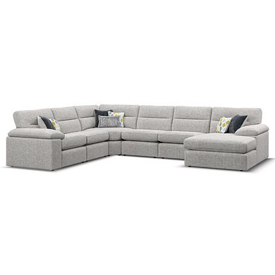 Morgan Modular 6 Seater Right Hand Corner Sofa with Chaise in Santos Silver with Green and Grey Scatters - Group 19