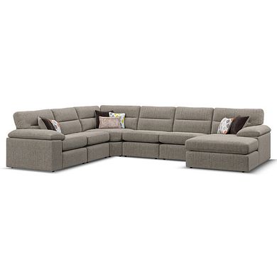 Morgan Modular 6 Seater Right Hand Corner Sofa with Chaise in Santos Taupe with Orange and Beige Scatters - Group 19