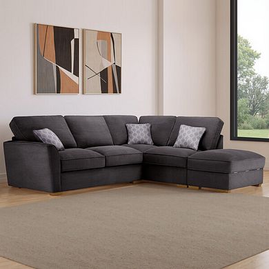 Nebraska Left Hand Corner High Back Sofa with Storage Footstool in Aero Charcoal with Grey Scatters
