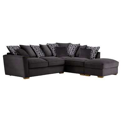 Nebraska Left Hand Corner Pillow Back Sofa with Storage Footstool in Aero Charcoal with Grey Scatters