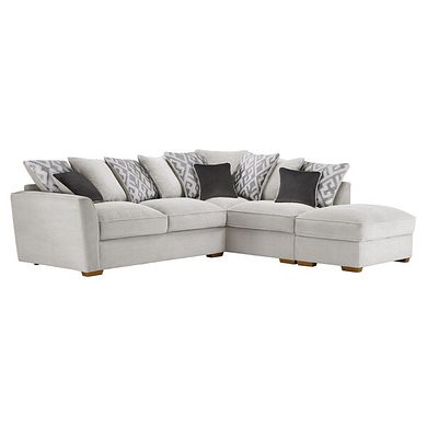 Nebraska Left Hand Corner Pillow Back Sofa with Storage Footstool in Aero Silver with Grey Scatters