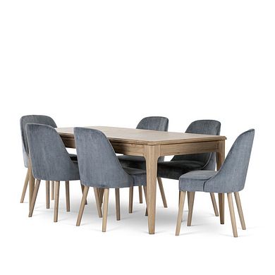 Newton Light Natural Solid Oak 5ft11" Extending Dining Table + 6 Bette Upholstered Chair with Oak Legs in Heritage Granite Velvet