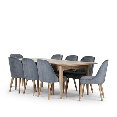 Newton Light Natural Solid Oak 5ft11" Extending Dining Table + 8 Bette Upholstered Chair with Oak Legs in Heritage Granite Velvet