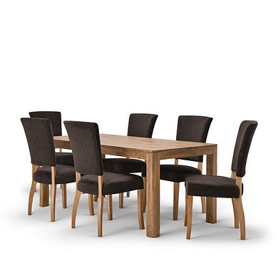 Noah Solid Mango Dining Table + 6 Upholstered Curve Back Plain Charcoal Fabric Chairs