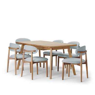 Oaklee Natural Oak Extendable Dining Table + 6 Otis Chairs Cloud Grey with Oak Legs  