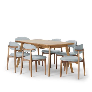 Oaklee Natural Oak Extendable Dining Table + 6 Otis Chairs Cloud Grey with Oak Legs  