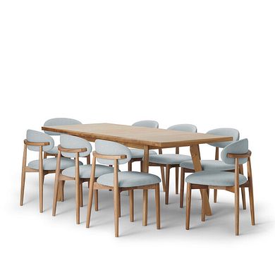 Oaklee Natural Oak Extendable Dining Table + 8 Otis Chairs Cloud Grey with Oak Legs  