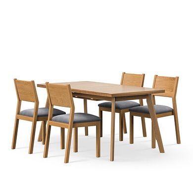 Oaklee Natural Oak Extendable Dining Table 160-210cm + 4 Ellison Oak Chair with Dappled Silver Fabric Seat