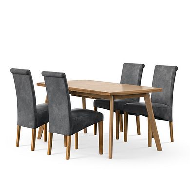 Oaklee Natural Oak Extendable Dining Table 160-210cm + 4 Scroll Back Chair in Vintage Black Leather Look Fabric with Oak Legs