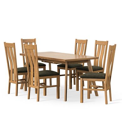 Oaklee Natural Oak Extendable Dining Table 160-210cm + 6 Arched Back Natural Solid Oak Chair with Verona Green Fabric Seat