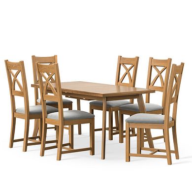 Oaklee Natural Oak Extendable Dining Table 160-210cm + 6 Cross Back Natural Solid Oak Chair with Verona Grey Fabric Seat