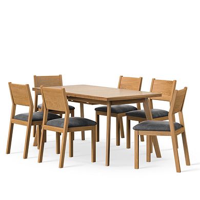 Oaklee Natural Oak Extendable Dining Table 160-210cm + 6 Ellison Oak Chair with Vintage Black Leather Look Fabric Seat