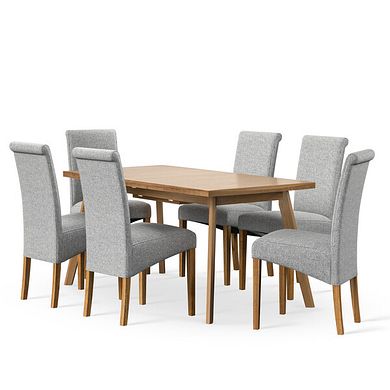 Oaklee Natural Oak Extendable Dining Table 160-210cm + 6 Scroll Back Chair in Conway Grey Fabric with Solid Oak Legs