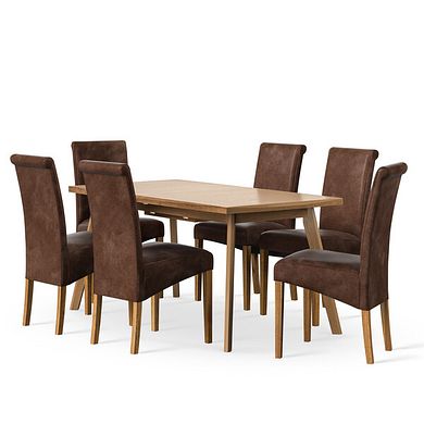 Oaklee Natural Oak Extendable Dining Table 160-210cm + 6 Scroll Back Chair in Vintage Brown Leather Look Fabric with Oak Legs