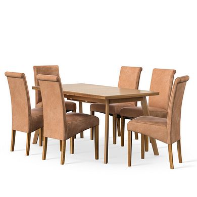 Oaklee Natural Oak Extendable Dining Table 160-210cm + 6 Scroll Back Chair in Vintage Tan Leather Look Fabric with Oak Legs