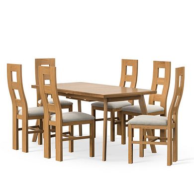 Oaklee Natural Oak Extendable Dining Table 160-210cm + 6 Wave Back Natural Solid Oak Chair with Verona Cream Fabric Seat
