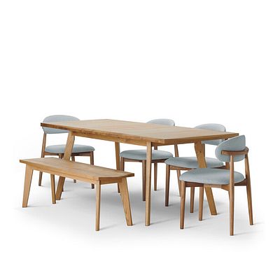 Oaklee Natural Oak Extending Dining Table And 4 Otis Chairs in Cloud Grey with 1 Oaklee Bench