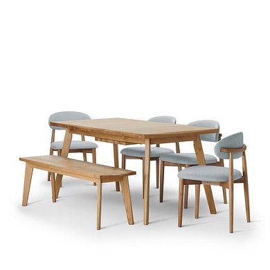 Oaklee Natural Oak Extending Dining Table And 4 Otis Chairs in Cloud Grey with 1 Oaklee Bench