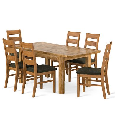 Orrick Rustic Extending Dining Table and 6 Linear Rustic Oak Chair with Verona Green Fabric