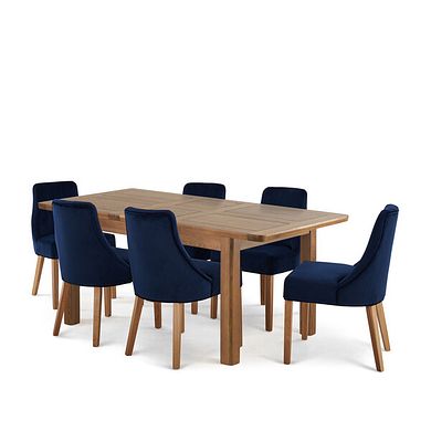 Orrick Rustic Oak Extending Dining Table + 6 Marlene Chairs with Oak Legs in Midnight Velvet