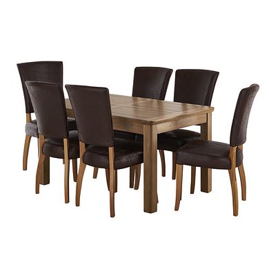 Orrick Rustic Solid Oak Extending Dining Table and 6 Curve Back Chairs in Antiqued Brown Fabric