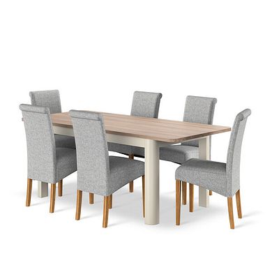 Otto Smoked Oak and Painted Extendable Dining Table and 6 Scroll Back Chair in Conway Grey Fabric