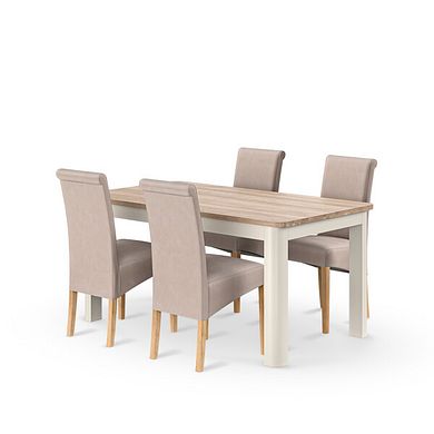 Otto Smoked Oak Finish and Cashmere Painted Extendable Dining Table 160-210cm + 4 Scroll Back Chair in Dappled Beige Fabric with Solid Oak Legs
