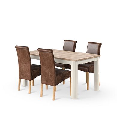 Otto Smoked Oak Finish and Cashmere Painted Extendable Dining Table 160-210cm + 4 Scroll Back Chair in Vintage Brown Leather Look Fabric with Oak Legs