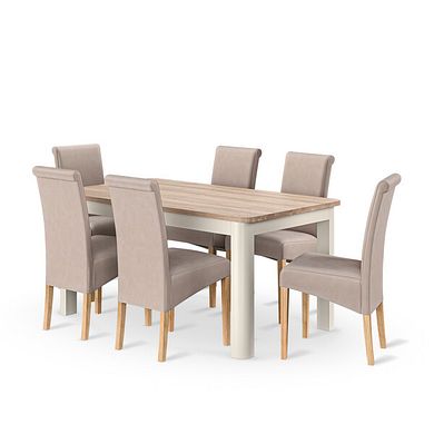 Otto Smoked Oak Finish and Cashmere Painted Extendable Dining Table 160-210cm + 6 Scroll Back Chair in Dappled Beige Fabric with Solid Oak Legs