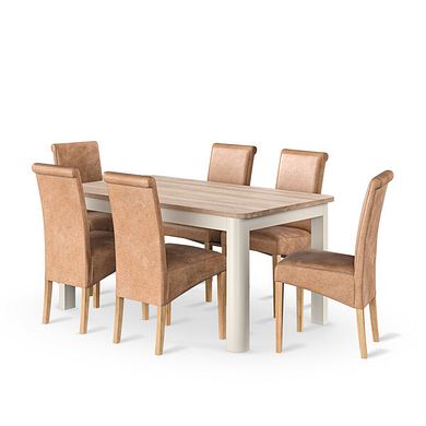 Otto Smoked Oak Finish and Cashmere Painted Extendable Dining Table 160-210cm + 6 Scroll Back Chair in Vintage Tan Leather Look Fabric with Oak Legs