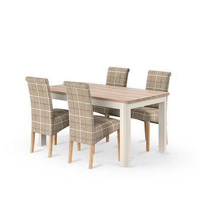 Otto Smoked Oak Finish and Cashmere Painted Extendable Dining Table + 4 Scroll Back Chairs in Checked Beige Fabric with Oak Legs