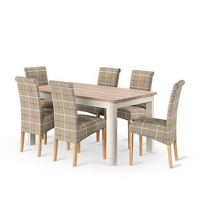 Otto Smoked Oak Finish and Cashmere Painted Extendable Dining Table + 6 Scroll Back Chairs in Checked Beige Fabric with Oak Legs