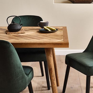 Parquet Brushed and Glazed Oak 8 Seater Dining Table + 4 Bette Upholstered Chairs with Black Legs in Heritage Bottle Green Velvet