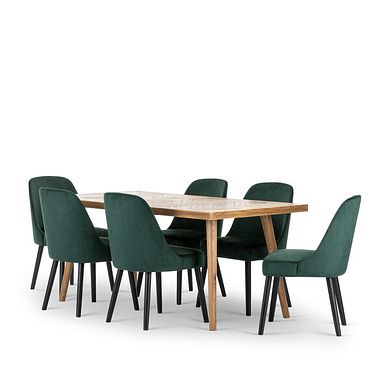 Parquet Brushed and Glazed Oak 8 Seater Dining Table + 6 Bette Upholstered Chairs with Black Legs in Heritage Bottle Green Velvet