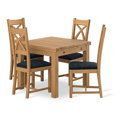 Pembroke Natural Solid Oak Extending Dining Table 90-150cm + 4 Cross Back Natural Solid Oak Chair with Verona Charcoal Fabric Seat